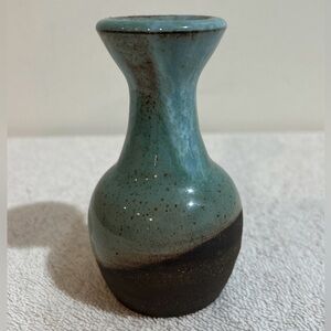 Turquoise Speckled Glaze Pottery Vase With Rustic Brown Unglazed Base 4.5”